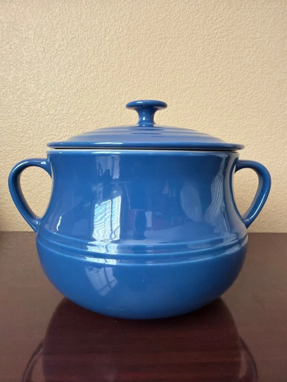 Vintage Le Creuset Blue Stoneware Covered Bean Pot Serving Casserole 4 Qt Soup T